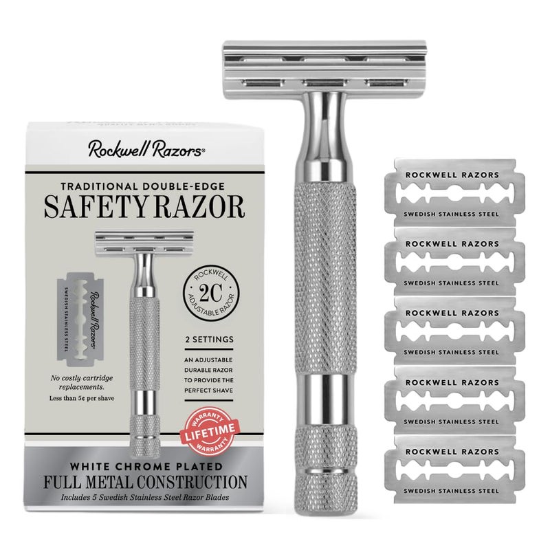 ROCKWELL RAZORS 2C White Chrome Double Edge Safety Razor With Adjustable Shave Settings and 5 Fully Recyclable Razor Blades. Reusable Safety Razors for Men and Women. - Image 1